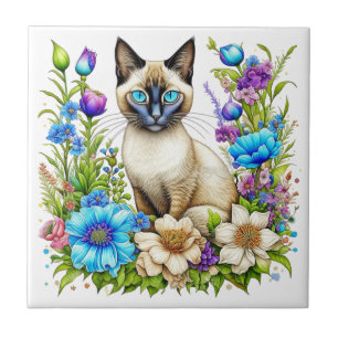Ai Watercolor Gato Siamês em Flores