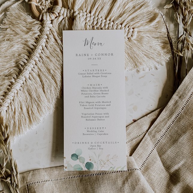 Airy Greenery e Dourado Menu do Janto Casamento de (Criador carregado)