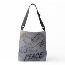 A bolsa apresenta pomba da paz e escritura.