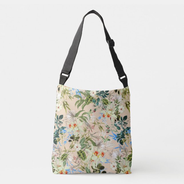 Ajustável Bela Bolsa de Têxtil Floral Azul e Flores Brancas (Frente)