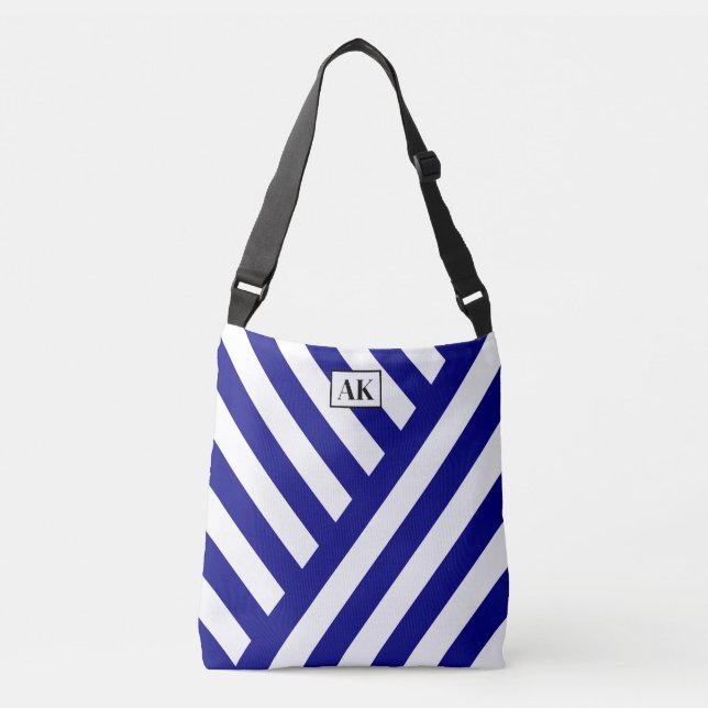 Ajustável Bolsa Azul Marinho e Listrada de Branco com Monogr (Frente)