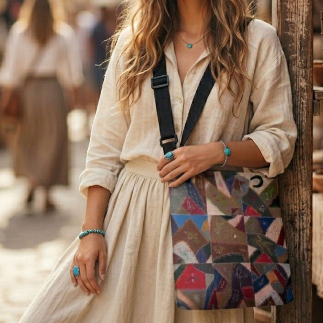 Ajustável Bolsa transversal Boho de retalhos patchwork vinta (This colorful messenger bag features a retro vintage patchwork quilt pattern. Cool, boho + original!)