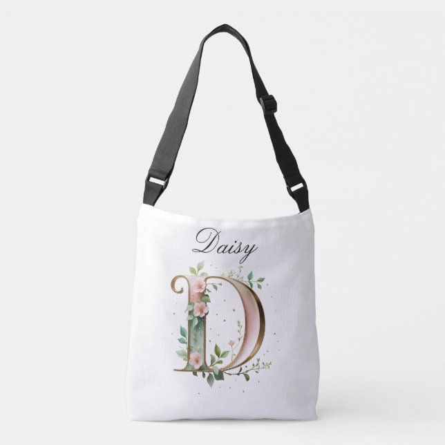 Ajustável Bolsa transversal com letra D floral em dourado el (Frente)