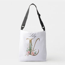 Bolsa transversal com letra L floral em dourado el