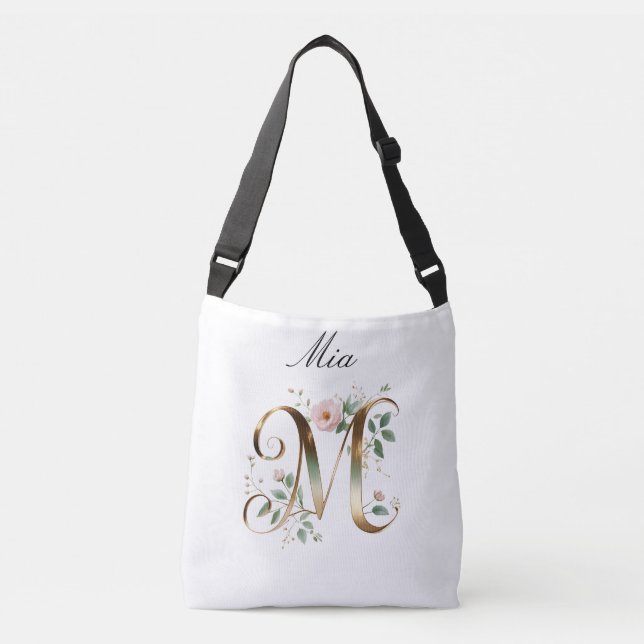 Ajustável Bolsa transversal com letra M floral em ouro elega (Frente)