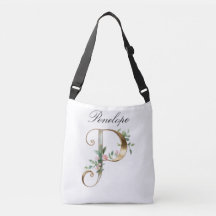Bolsa transversal com letra P floral em ouro elega