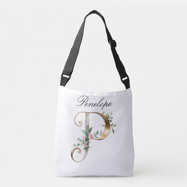 Ajustável Bolsa transversal com letra P floral em ouro elega (Frente)
