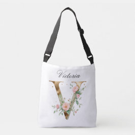 Ajustável Bolsa transversal com letra V floral em dourado el