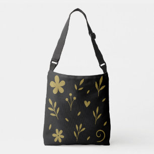 Ajustável Elegante bolsa transversal floral preta e dourada