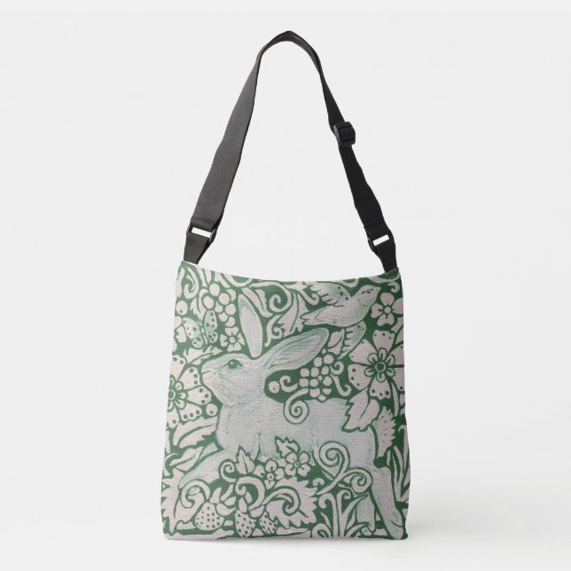 Ajustável Pássaro Floral Bolsa com Coelho Verde e Branco (Frente)