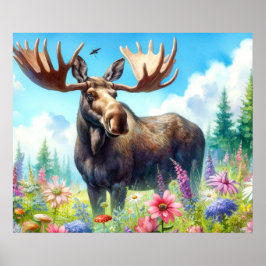 Alce de Verão bonito com Poster de flores silvestr