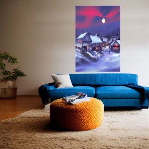 Aldeia na montanha de inverno AI Art Poster