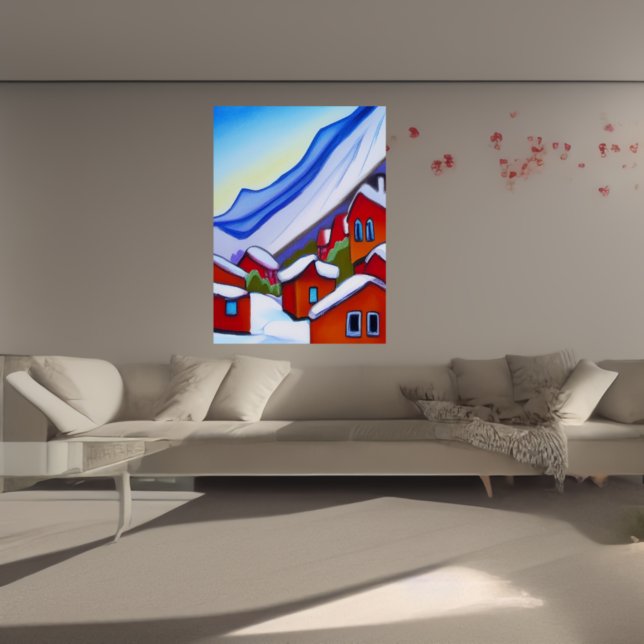 Aldeia norueguesa na montanha | AI Art Poster (Criador carregado)