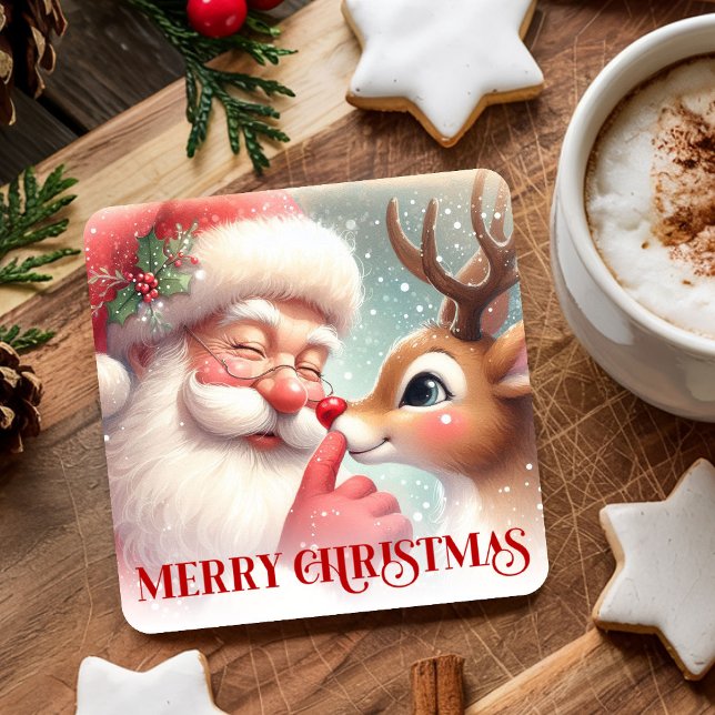 Alegres Porta-Copos de Natal com Papai Noel e Rena (Playful Santa and Rudolph Festive Drink Coasters)