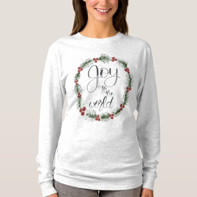 Alegria à camiseta longa de manga do Natal do Mund (Frente)