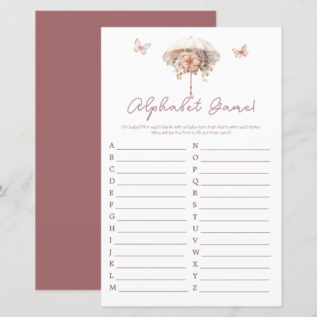 Alfabeto de Chá de Bebê com Guarda-Chuva Floral Vi (Frente/Verso)