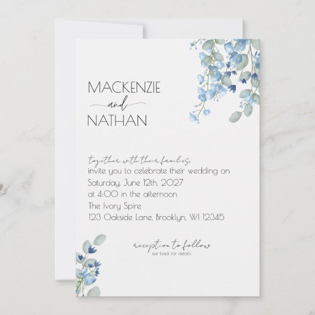 Algo Azul Floral Moderno Convite para Casamento (Frente)