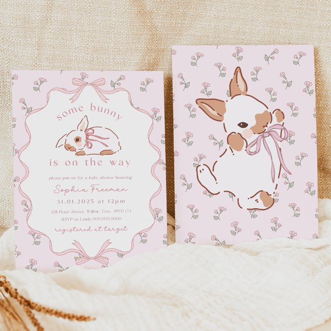 Algum Coelhinho está a Caminho Convite de Chá de B (Girl Bunny Baby Shower Invitation)