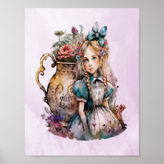 Alice In Wonderland Watercolor Flowers Poster (Frente)