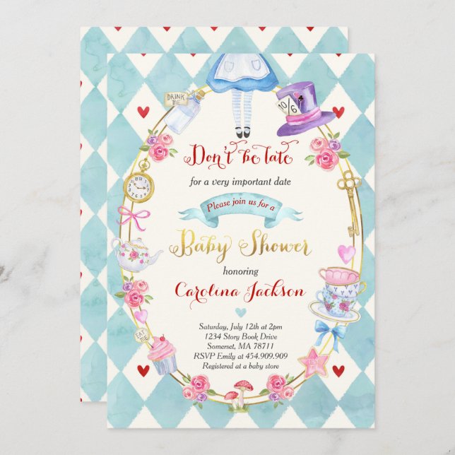 Alice No Convite Ao Chá de fraldas Da Maravilha (Frente/Verso)