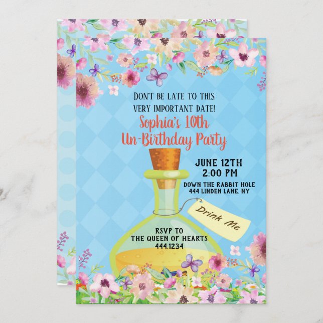 Alice no Convite de aniversário da Terra Maravilha (Frente/Verso)