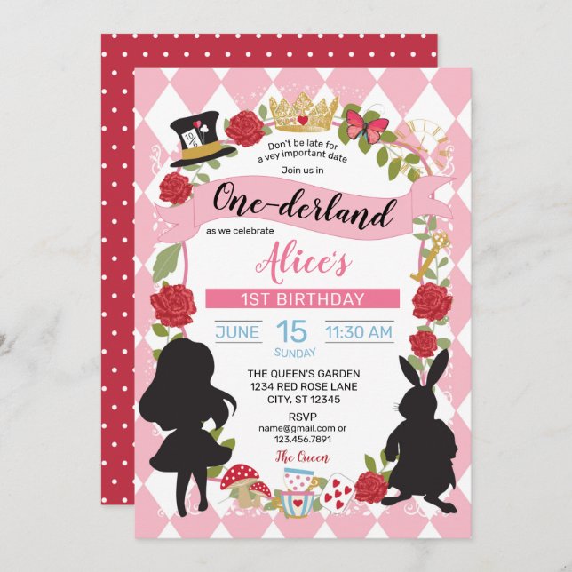 Alice No Convite De Aniversário De Onederland (Ros (Frente/Verso)