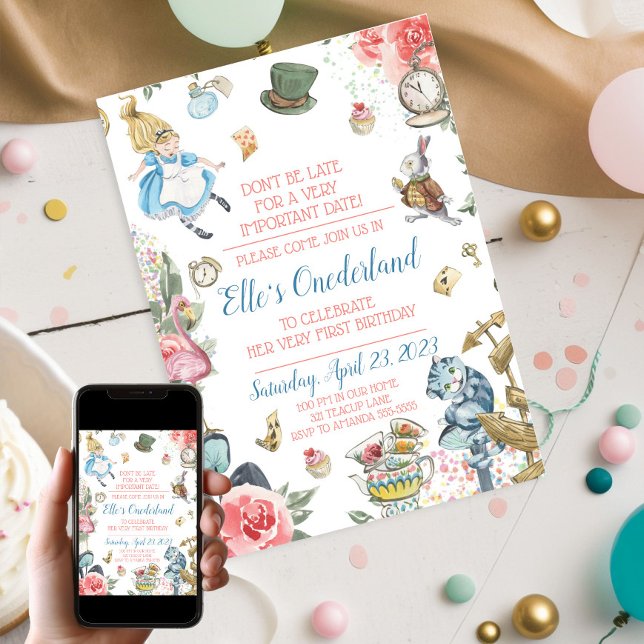 Alice no Convite de festas do primeiro aniversario (Alice In Wonderland First Birthday Party Invitation)