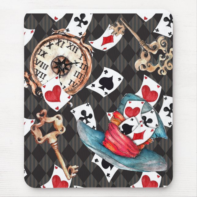 Alice no Mousepad Wonderland com Relógio, Cartões  (Frente)
