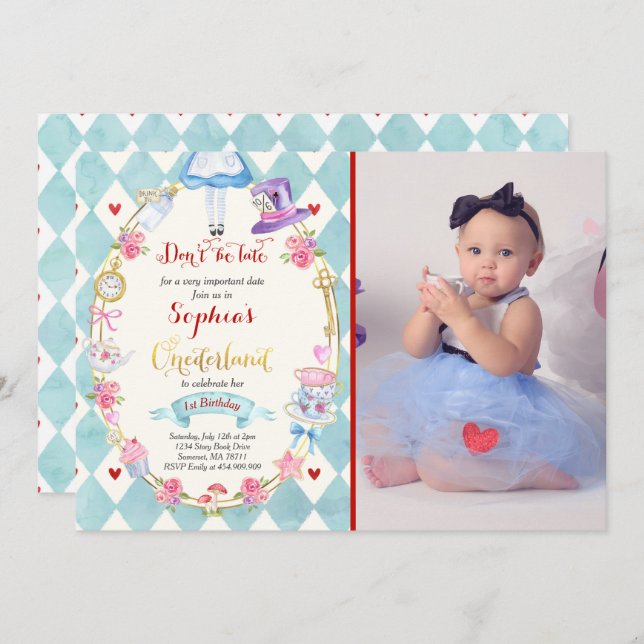 Alice No OneDerland Birthday - Convite Para Festa  (Frente/Verso)