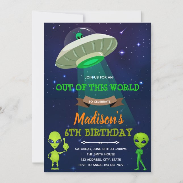 Alienígena FORA DESTE convite de aniversário MUNDI (Frente)