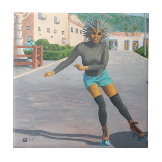 Alienígena Roller Skater Fantasy Art Azulejo cerâm (Frente)