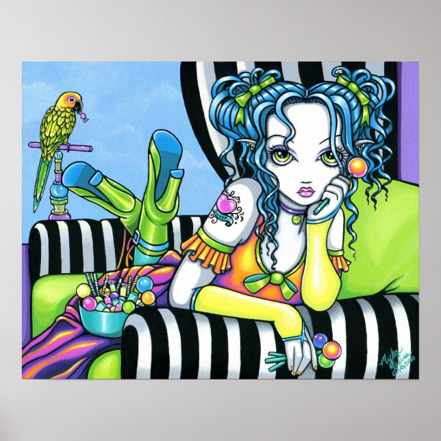 "Alisha" Candy Rainbow Parrot Fae Art Poster (Frente)