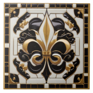 Alivio Dourado Preto e Branco Fleur de Lis Faux