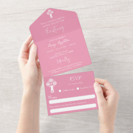 All In One Invitation Floral Cross Baptism Pink