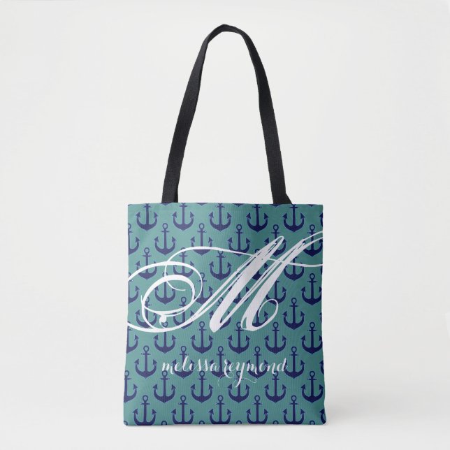 all-over-print teal tote bag with blue anchors (Frente)