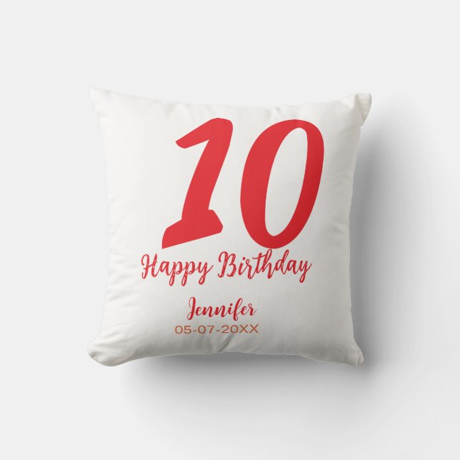 Almofada 10.º aniversário adicionar nome data ano vermelho  (Frente)