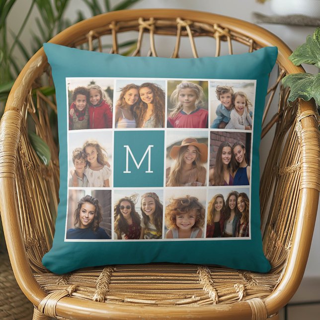Almofada 11 Colagem de Fotos em Grid com Monograma (Custom Photo Pillow - Add Your Own Pics!)
