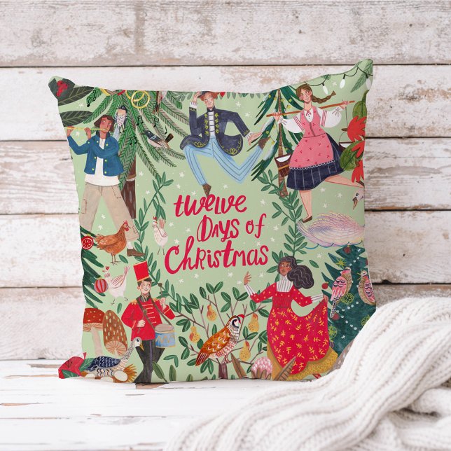 Almofada 12 Dias de Natal Verde Tradicional Clássico (twelve Days of Christmas green traditional throw pillow)