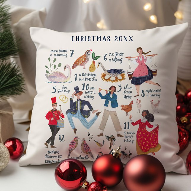 Almofada 12 dias úteis de Ilustração Clássica de Natal (12 Days of Christmas custom year traditional classic illustration holiday throw pillow decor.)