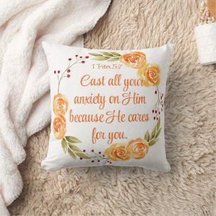 Almofada 1 Peter 5:7 Escritura de Bíblia Floral Laranja