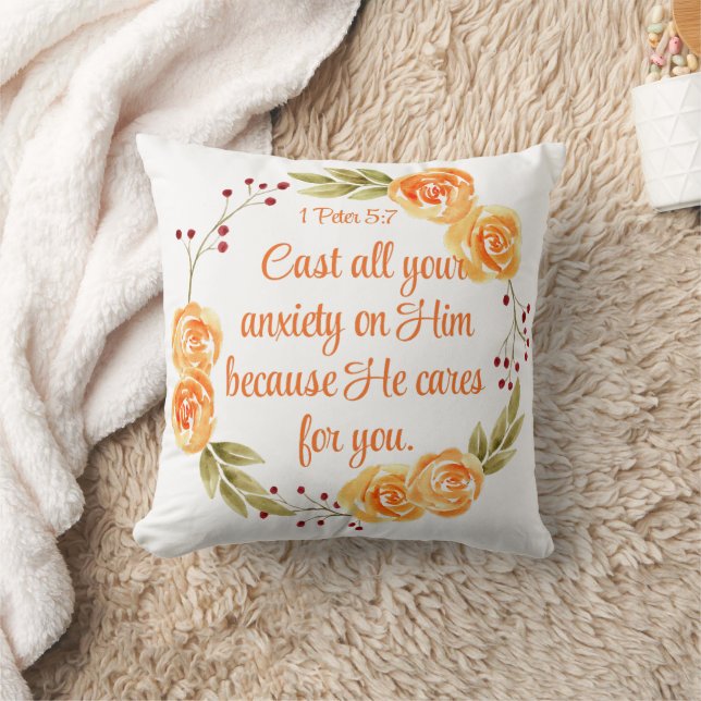 Almofada 1 Peter 5:7 Escritura de Bíblia Floral Laranja (Cobertor)