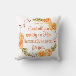 Almofada 1 Peter 5:7 Escritura de Bíblia Floral Laranja