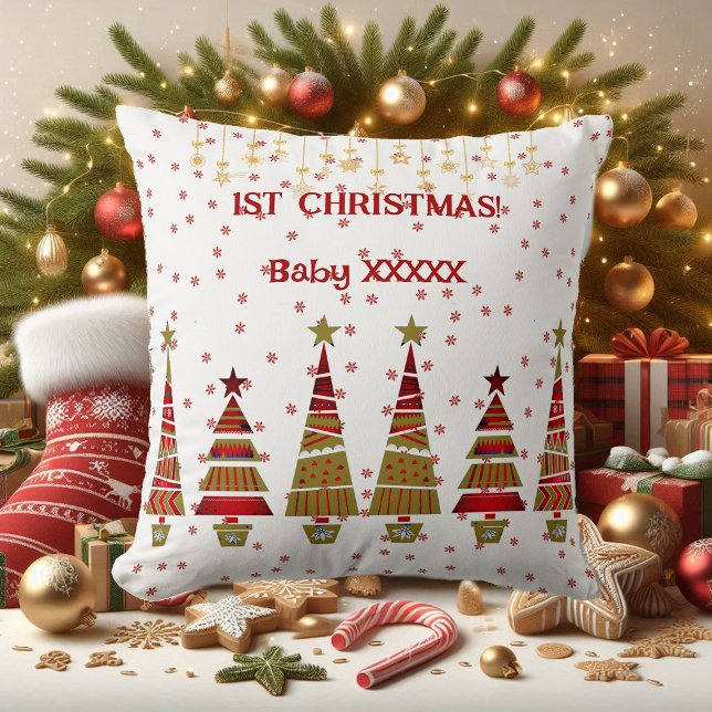Almofada 1rua Árvore de Ornamento Dourado de Natal Flocos d (1st Christmas Gold Ornament Tree Snowflakes Baby Throw Pillow)