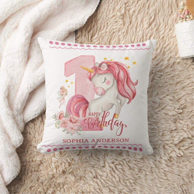 Almofada 1st Birthday Unicorn Pink Little Girl  (Cobertor)