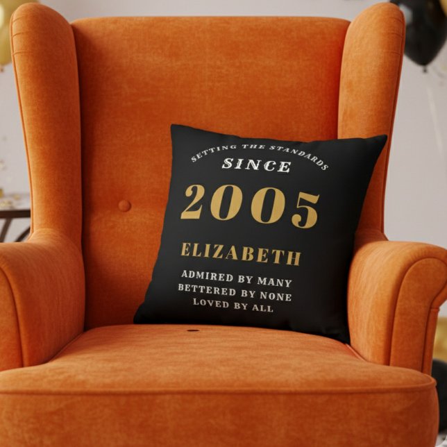 Almofada 21st Birthday Gift Personalized 2005 Black Gold (2005 throw pillow in an orange chair)