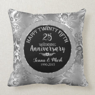 Almofada 25 de Casamento Aniversário Negro e Silver Damasc