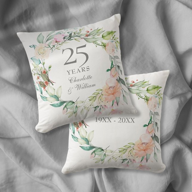 Almofada 25 Silver Casamento Rosas de Aniversário Floral (25th Silver Wedding Anniversary Roses Floral Throw Pillow)