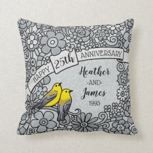 Almofada 25o aniversário personalizado, pássaros florais