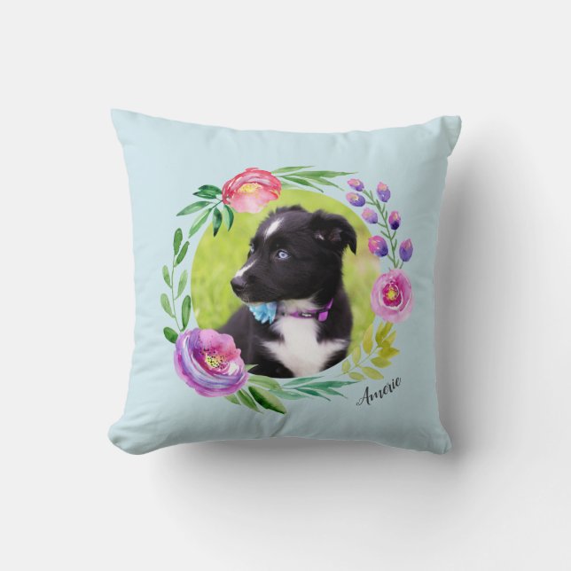 Almofada 2 Fotografias Floral Wreath Personalizadas| Azul c (Frente)