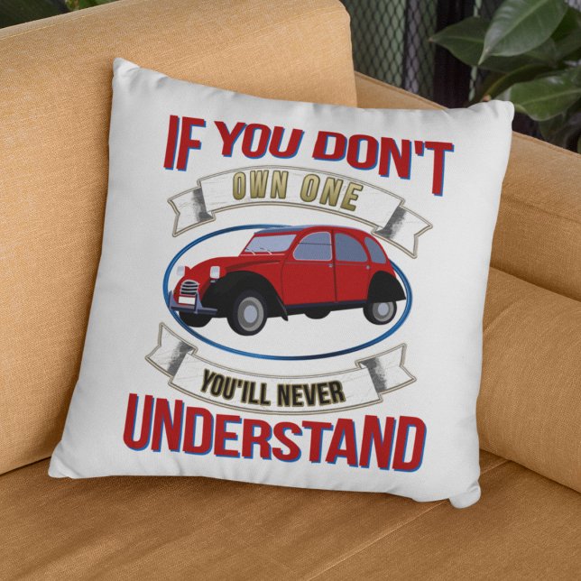 Almofada 2CV Deux Chevaux Oldtimer Que Você Nunca Compreend (2CV Pillow in White with a Red Blue Oldtimer illustration)